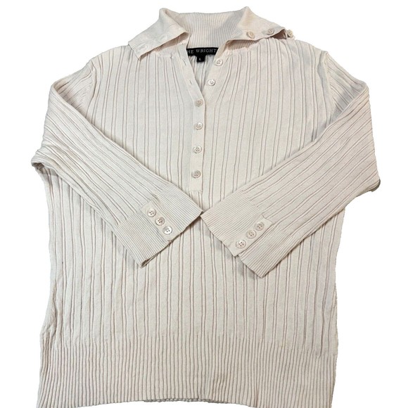 The Wrights Womens Sweater Sz L Pale Pink Silk Blend Buttons Ribbed HIgh Neck - Picture 1 of 8